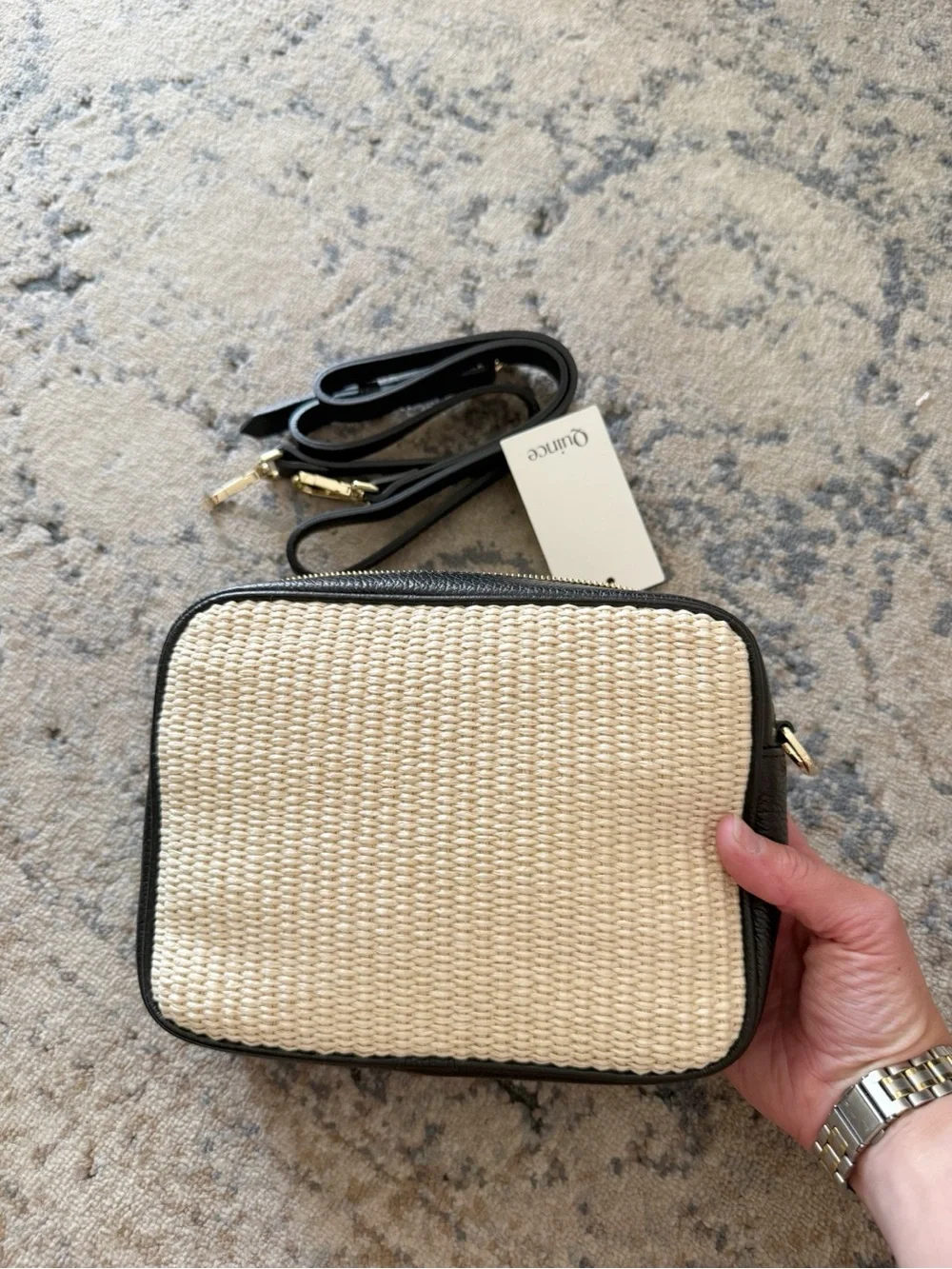 NWT Quince Italian Leather and Raffia Crossbody Bag
